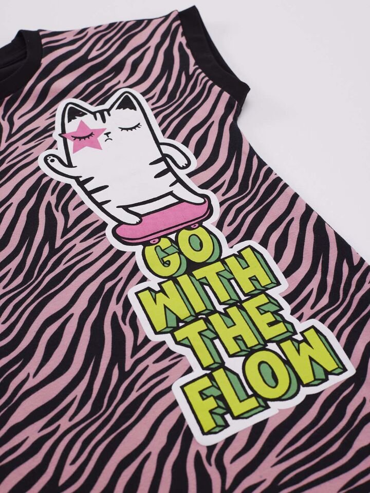 Kaykaycı Kedi Kız Çocuk Zebra Elbise