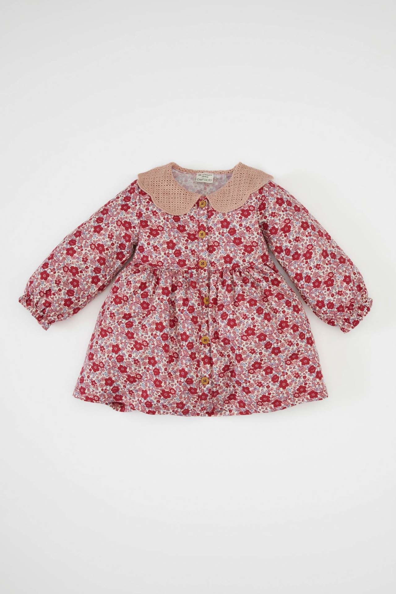 Kız Bebek Geniş Örgü Yaka Çiçek Desenli Düğmeli Uzun Kollu Twill Elbise