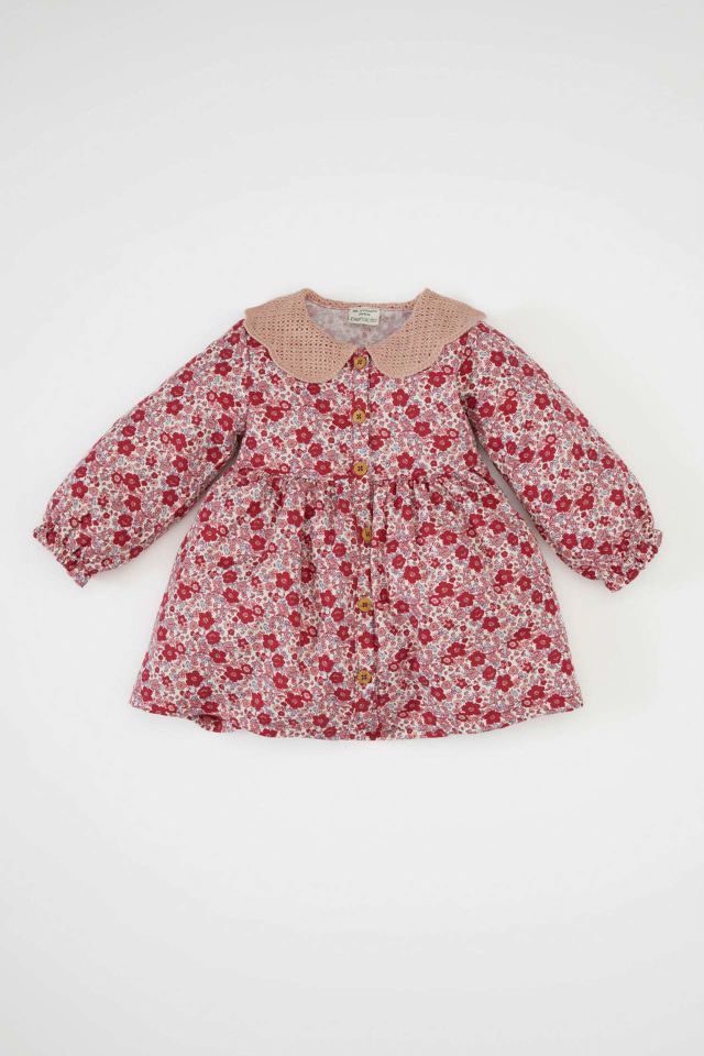 Kız Bebek Geniş Örgü Yaka Çiçek Desenli Düğmeli Uzun Kollu Twill Elbise
