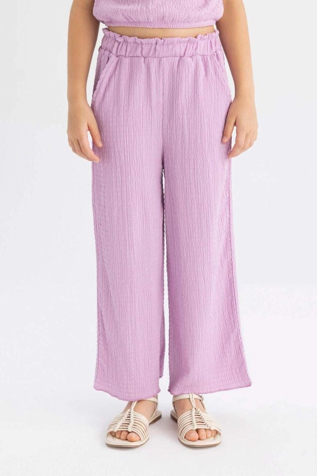 Kız Çocuk Wide Leg Geniş Bol Paça Beli Lastikli Bürümcük Pantolon