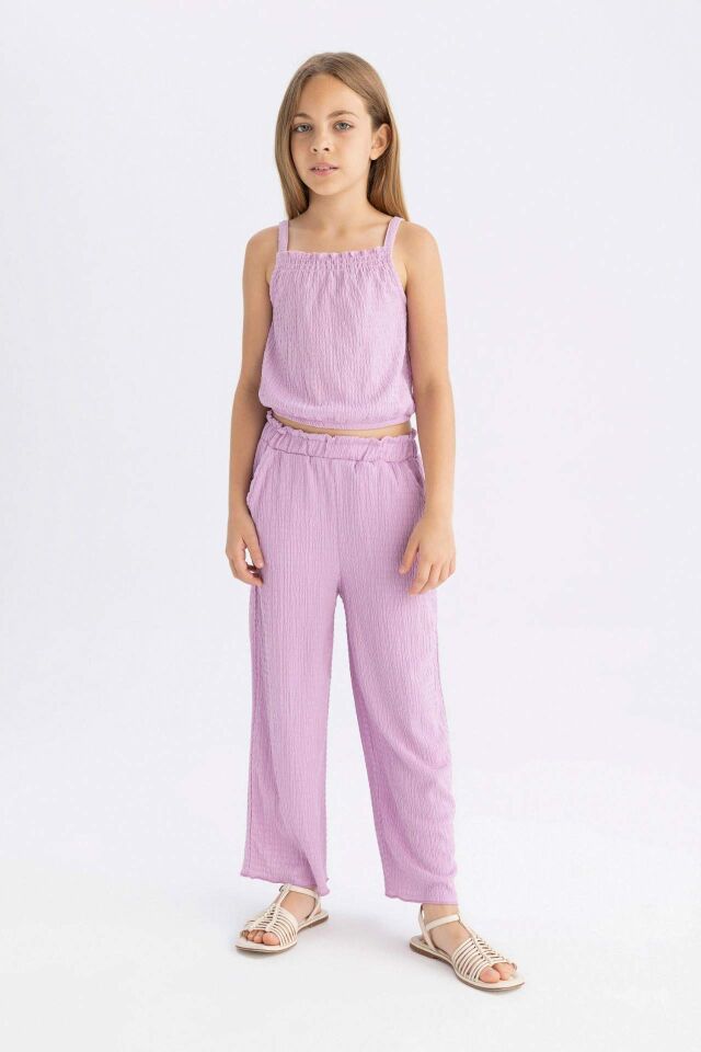Kız Çocuk Wide Leg Geniş Bol Paça Beli Lastikli Bürümcük Pantolon