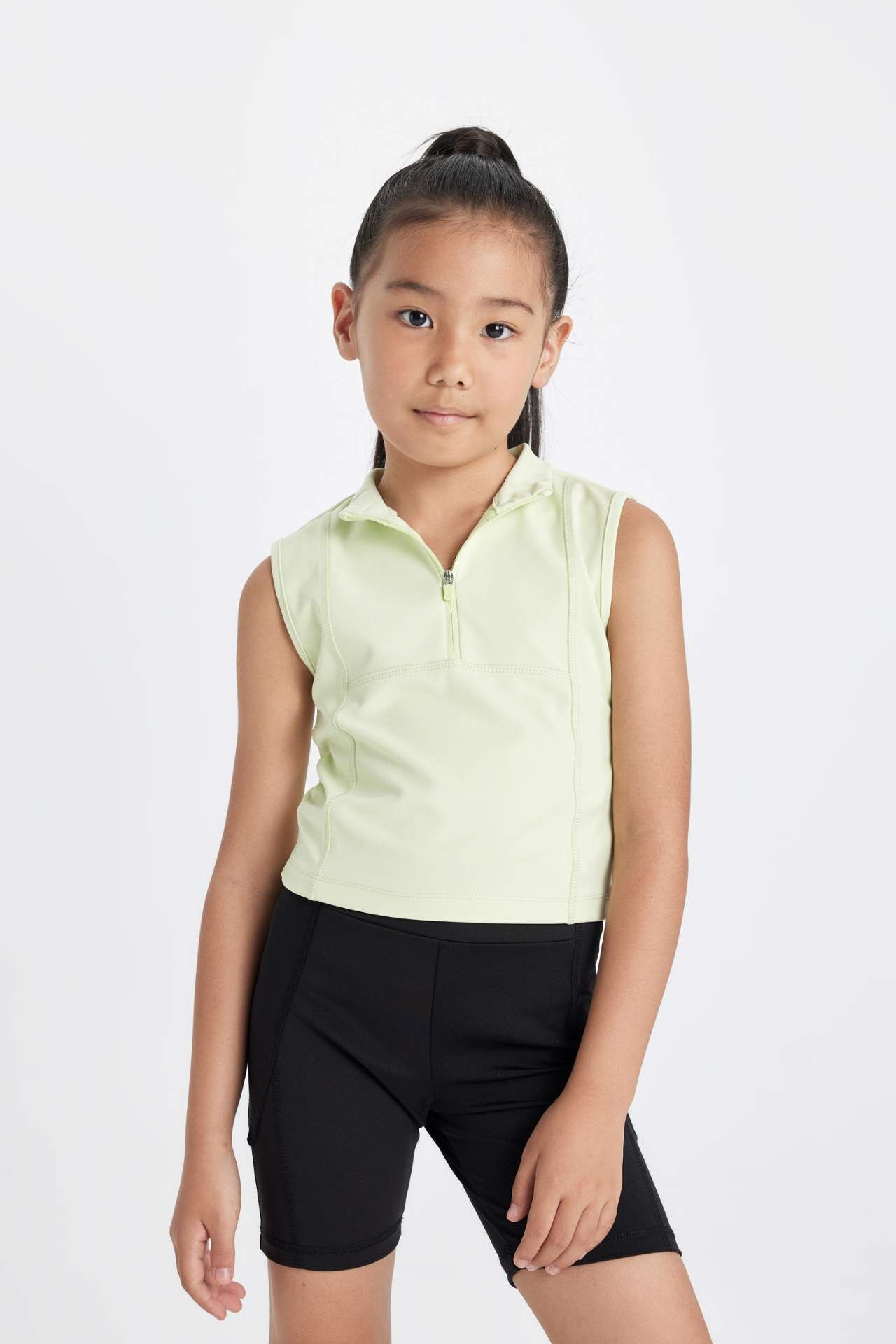 Kız Çocuk Slim Fit Dar Kesim Polo Yaka Fermuarlı Basic Düz Kolsuz Tişört