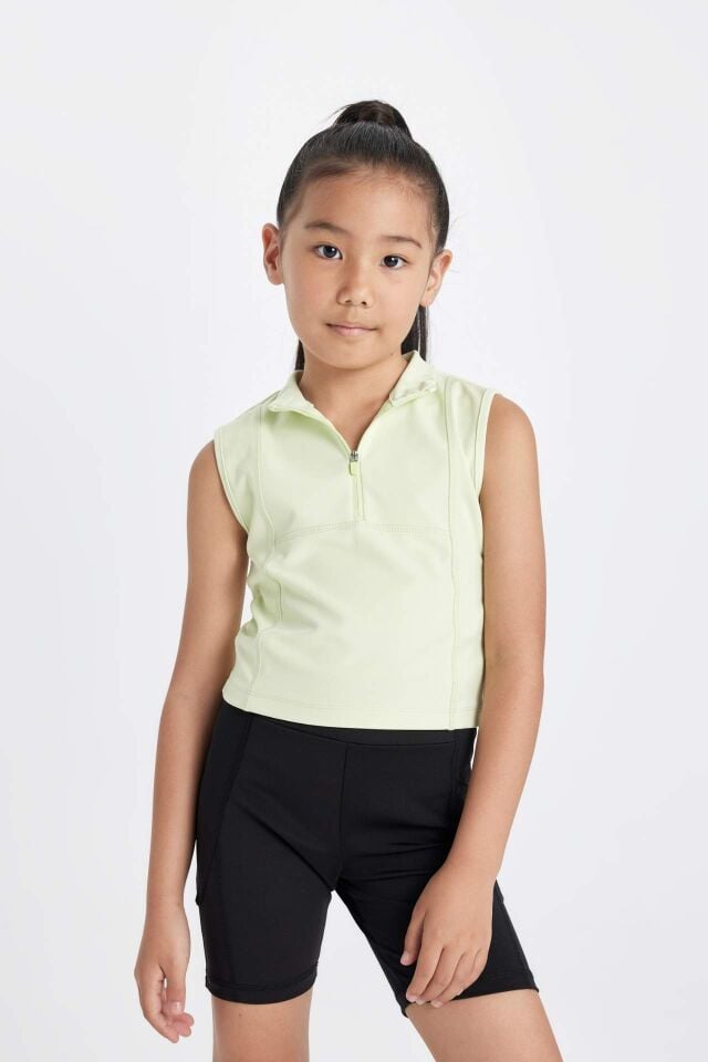 Kız Çocuk Slim Fit Dar Kesim Polo Yaka Fermuarlı Basic Düz Kolsuz Tişört