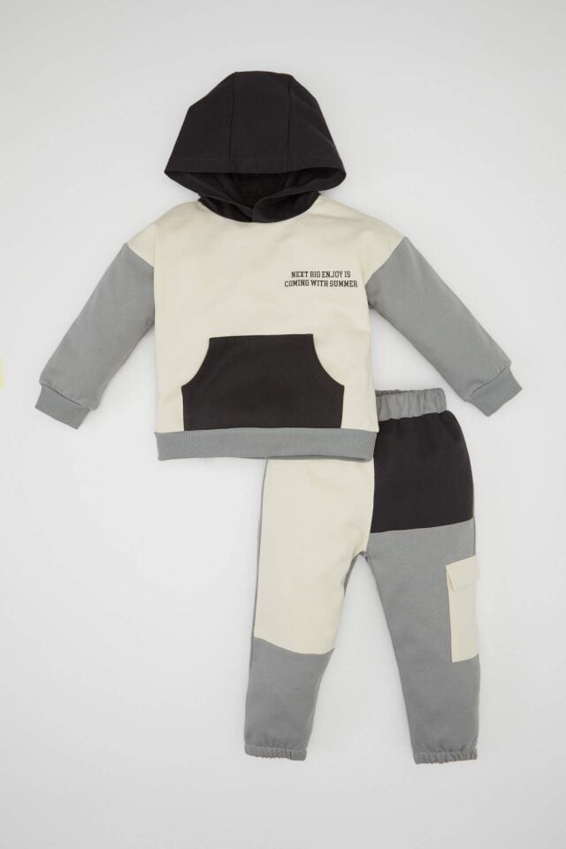 Erkek Bebek 2'li Takım Kapüşonlu Baskılı Kanguru Cepli Sweatshirt Üst Beli Lastikli Jogger Eşofman Altı