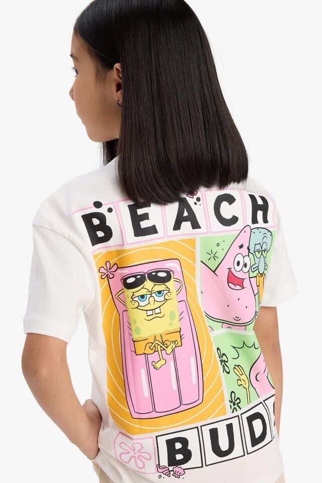 Kız Çocuk SpongeBob Relax Fit Bisiklet Yaka Sırt Baskılı Kısa Kollu Tişört