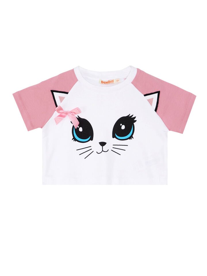 Kedi Maviş Kız Çocuk T-shirt Kapri Şort Takım 6 Y - Pembe, Beyaz