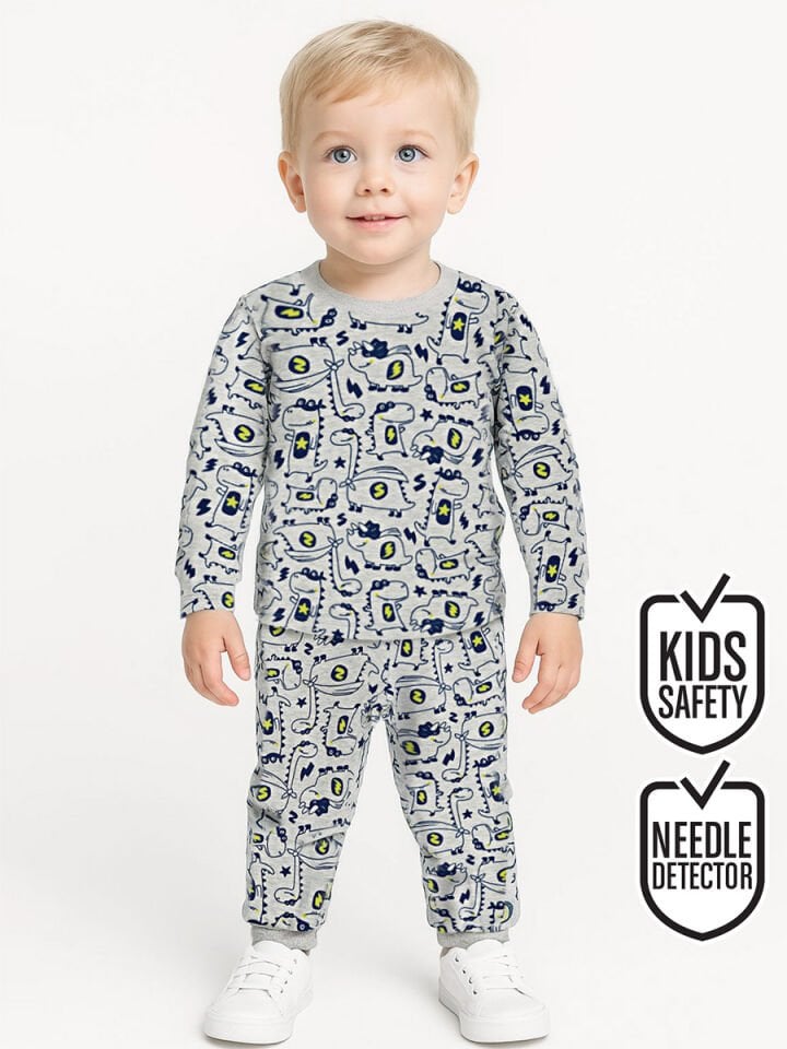 Süper Dino Erkek Bebek Gri Pijama Takımı