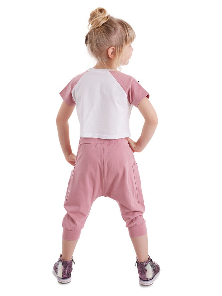Kedi Maviş Kız Çocuk T-shirt Kapri Şort Takım 7 Y - Pembe, Beyaz