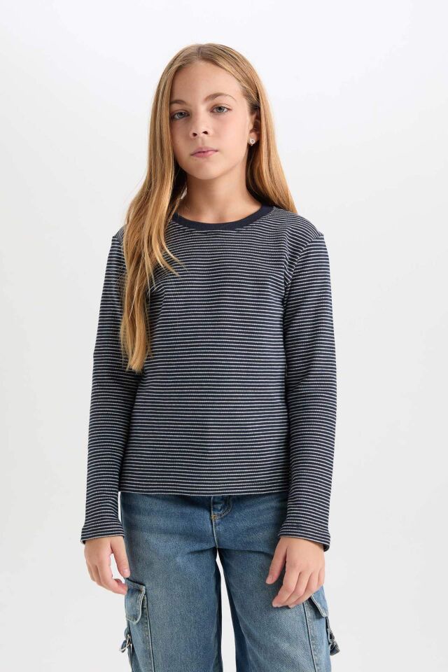 Kız Çocuk Slim Fit Dar Kesim Bisiklet Yaka Çizgili Uzun Kollu Tişört