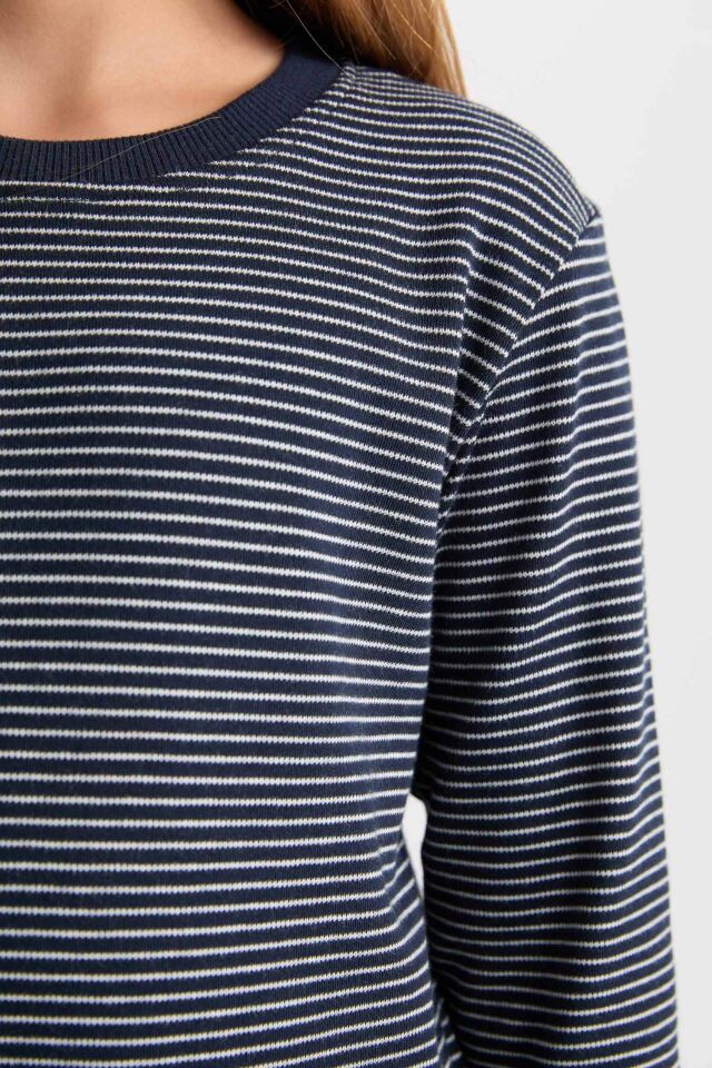 Kız Çocuk Slim Fit Dar Kesim Bisiklet Yaka Çizgili Uzun Kollu Tişört