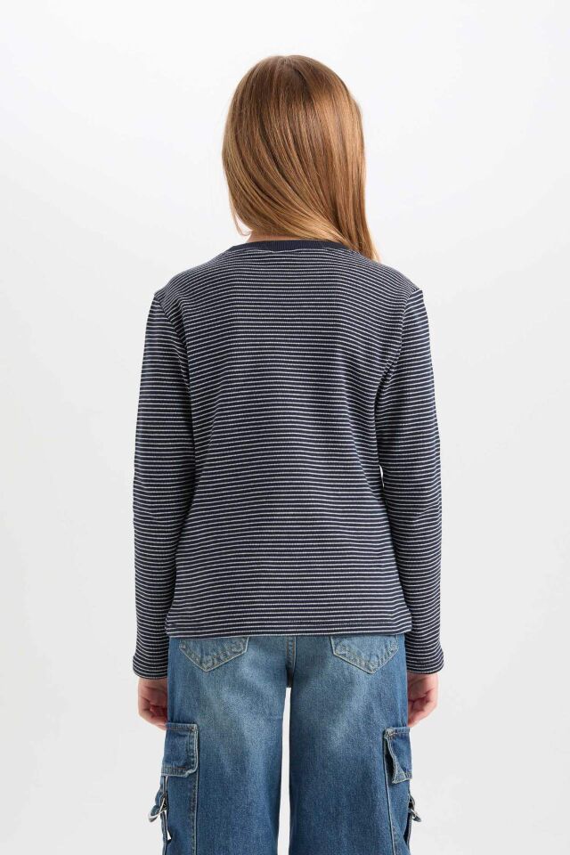 Kız Çocuk Slim Fit Dar Kesim Bisiklet Yaka Çizgili Uzun Kollu Tişört