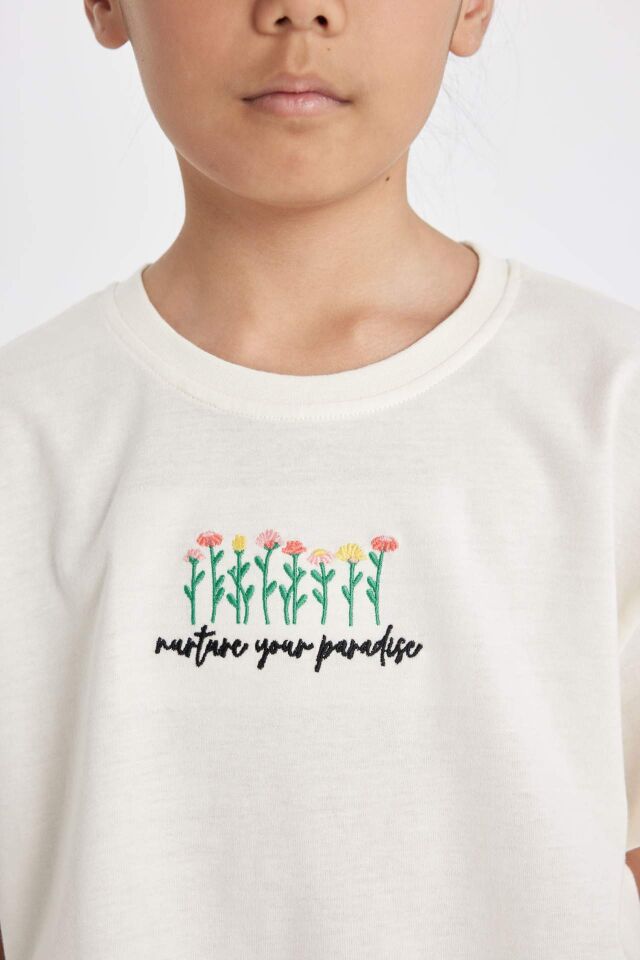 Kız Çocuk Crop Bisiklet Yaka Çiçekli Kısa Kollu Tişört
