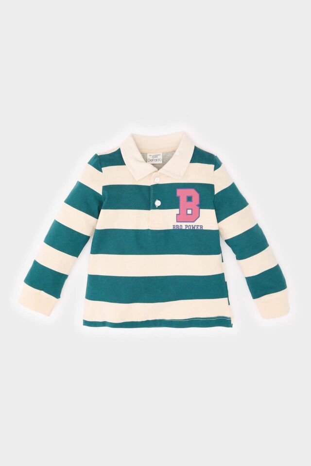 Erkek Bebek Gömlek Yaka Çizgili Baskılı İçi Yumuşak Tüylü Sweatshirt