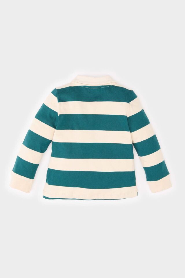 Erkek Bebek Gömlek Yaka Çizgili Baskılı İçi Yumuşak Tüylü Sweatshirt