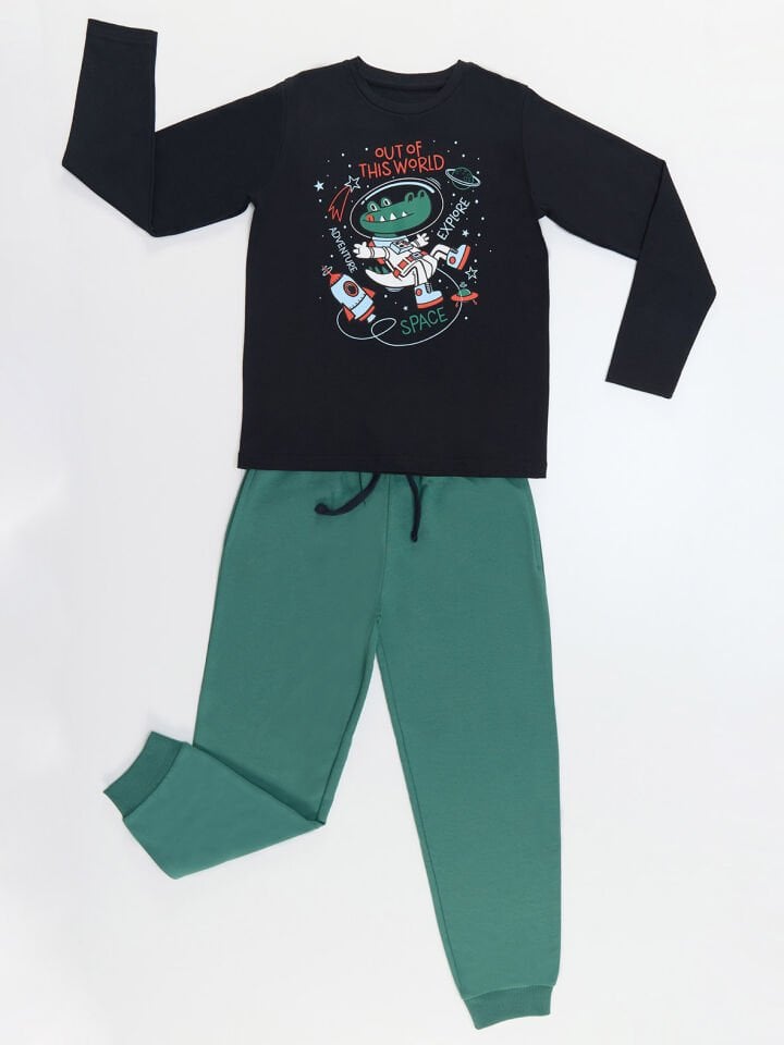 Astronot Timsah Erkek Çocuk T-shirt Pantolon Takım 2 Y - Gri, Siyah