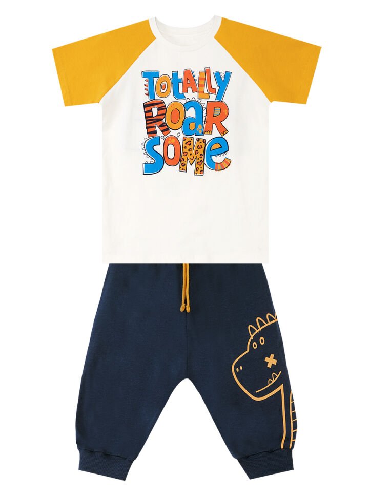 Roarsome Erkek Çocuk T-shirt Kapri Şort Takım 4 Y - Ekru, Lacivert