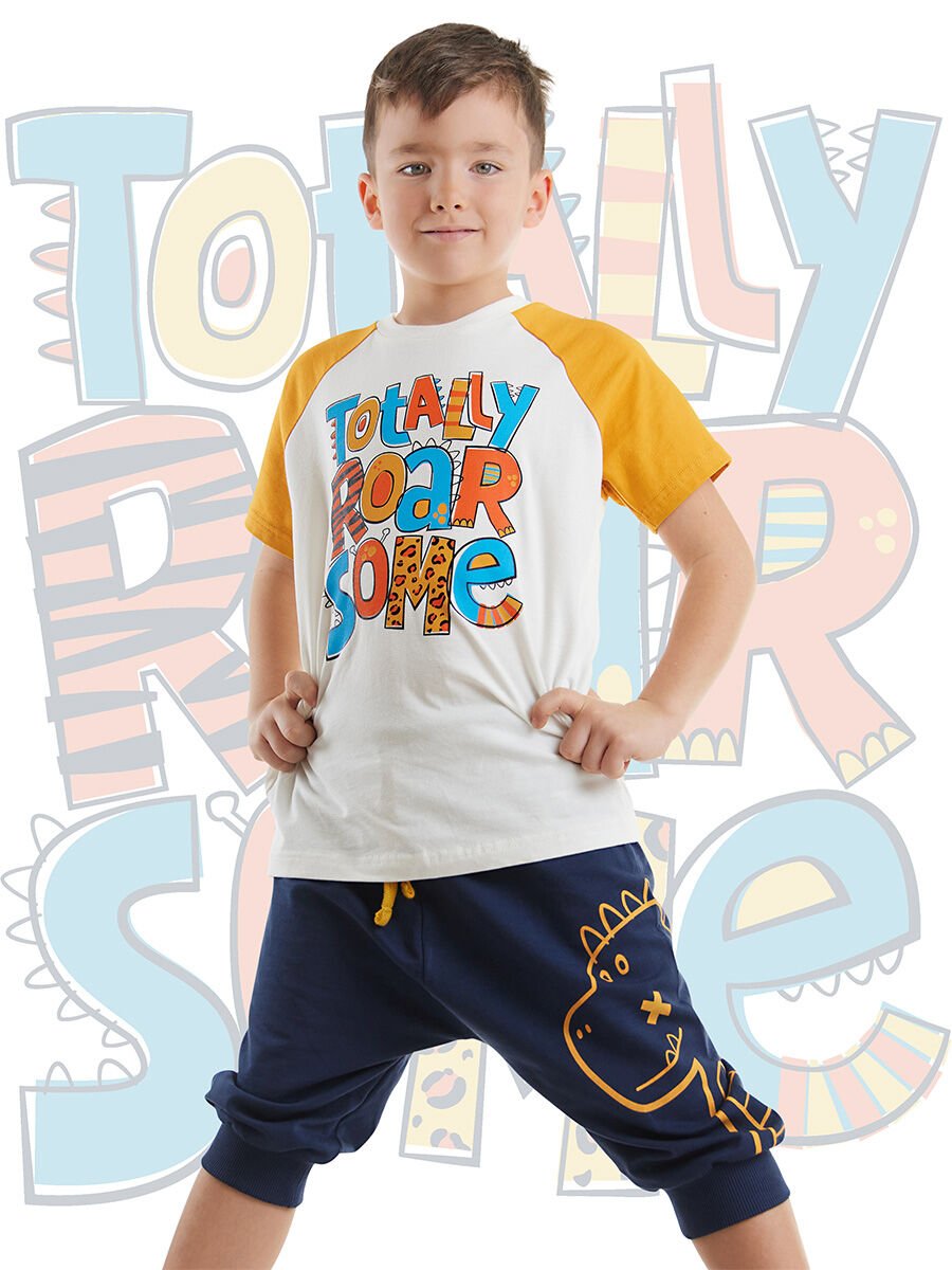 Roarsome Erkek Çocuk T-shirt Kapri Şort Takım 6 Y - Ekru, Lacivert