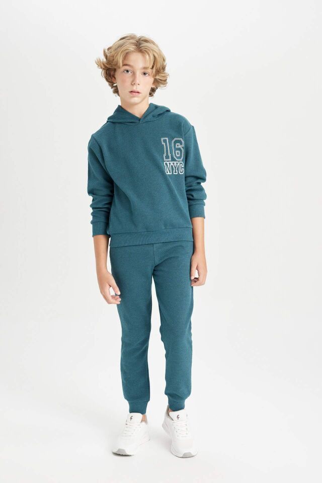 Erkek Çocuk 2'li Takım Baskılı Kapüşonlu Sweatshirt Üst Beli Lastikli Jogger Eşofman Altı