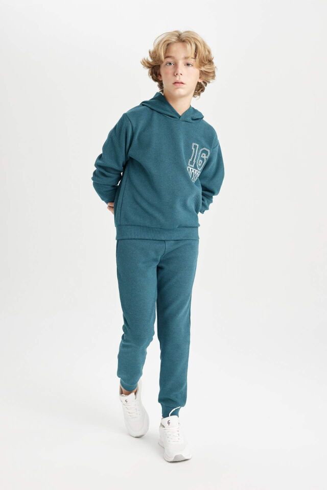 Erkek Çocuk 2'li Takım Baskılı Kapüşonlu Sweatshirt Üst Beli Lastikli Jogger Eşofman Altı