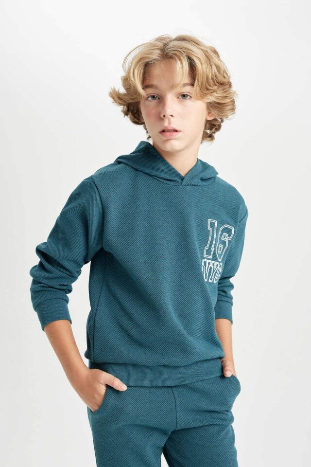 Erkek Çocuk 2'li Takım Baskılı Kapüşonlu Sweatshirt Üst Beli Lastikli Jogger Eşofman Altı