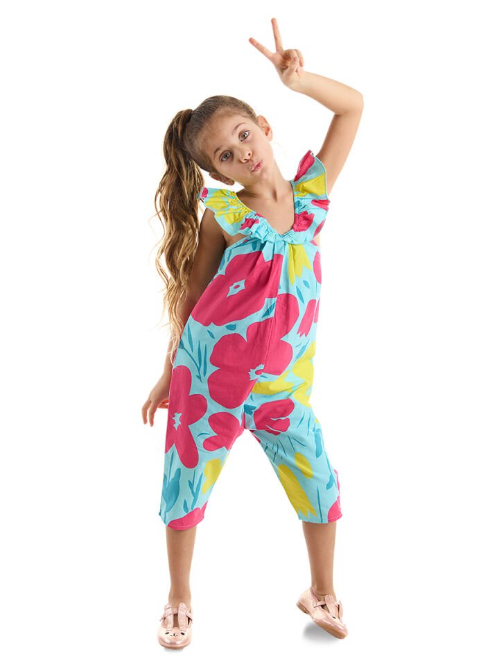 Çiçekli Bahçe Kız Çocuk Poplin Tulum 2 Y - Mavi, Pembe