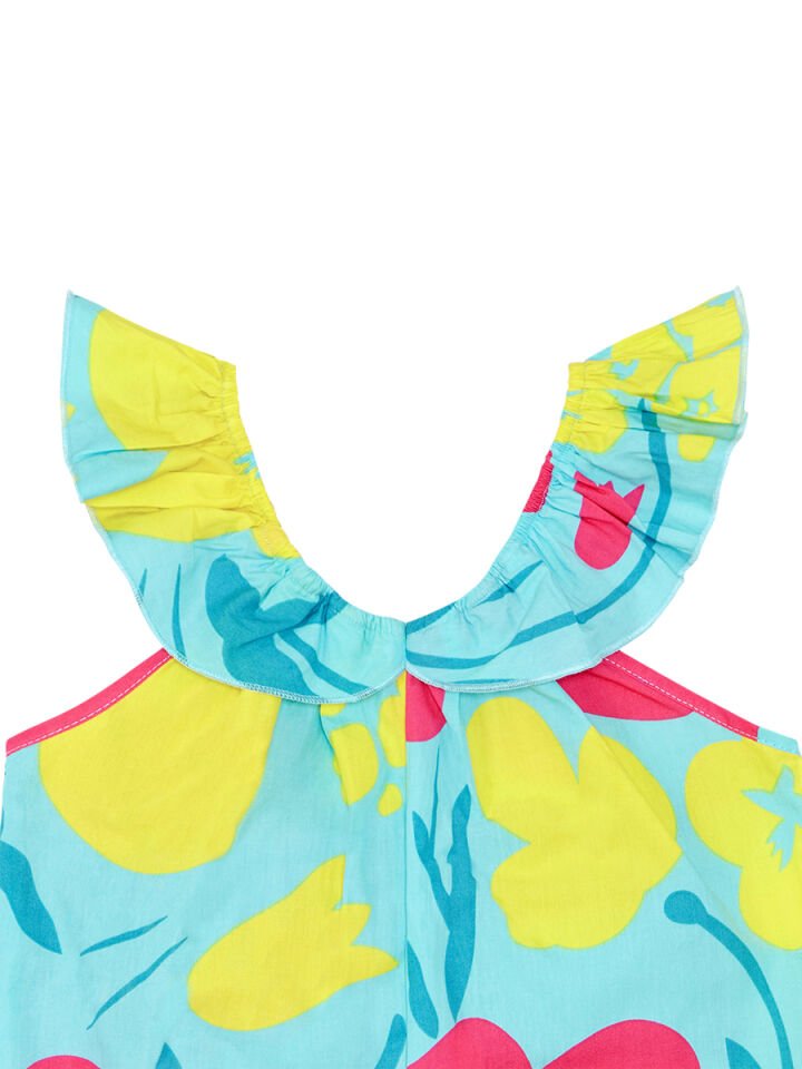 Çiçekli Bahçe Kız Çocuk Poplin Tulum 2 Y - Mavi, Pembe