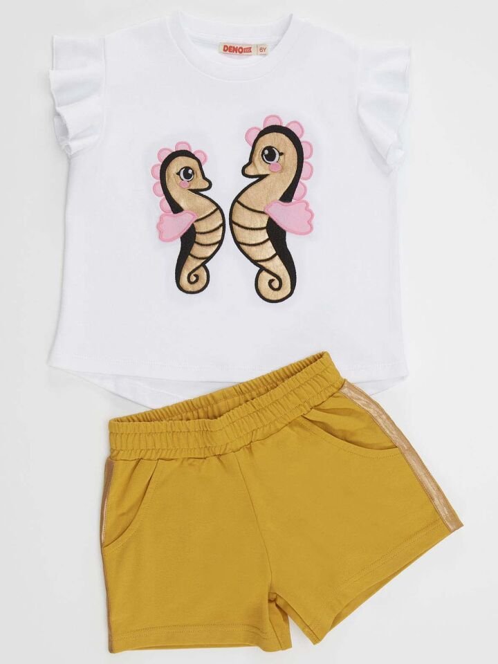 Denizatı Kız Çocuk T-Shirt Şort Takım 4 Y - Hardal, Beyaz