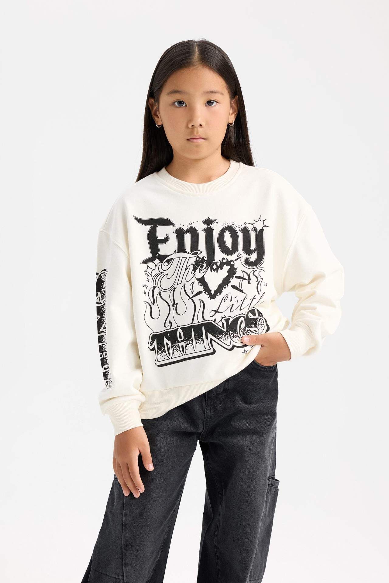 Kız Çocuk Oversize Geniş Kalıp Bisiklet Yaka Baskılı Sweatshirt