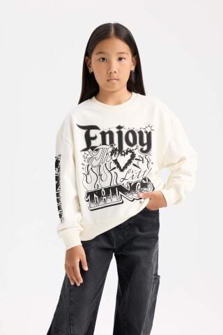 Kız Çocuk Oversize Geniş Kalıp Bisiklet Yaka Baskılı Sweatshirt