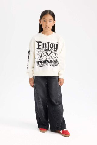 Kız Çocuk Oversize Geniş Kalıp Bisiklet Yaka Baskılı Sweatshirt