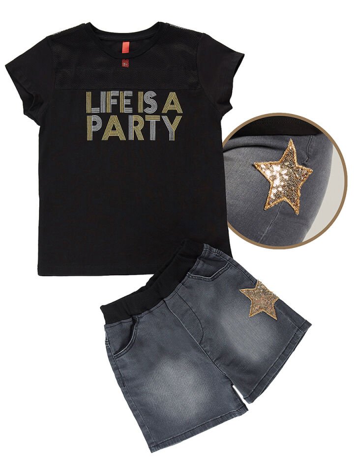 Party Kız Çocuk T-shirt Denim Şort Takım