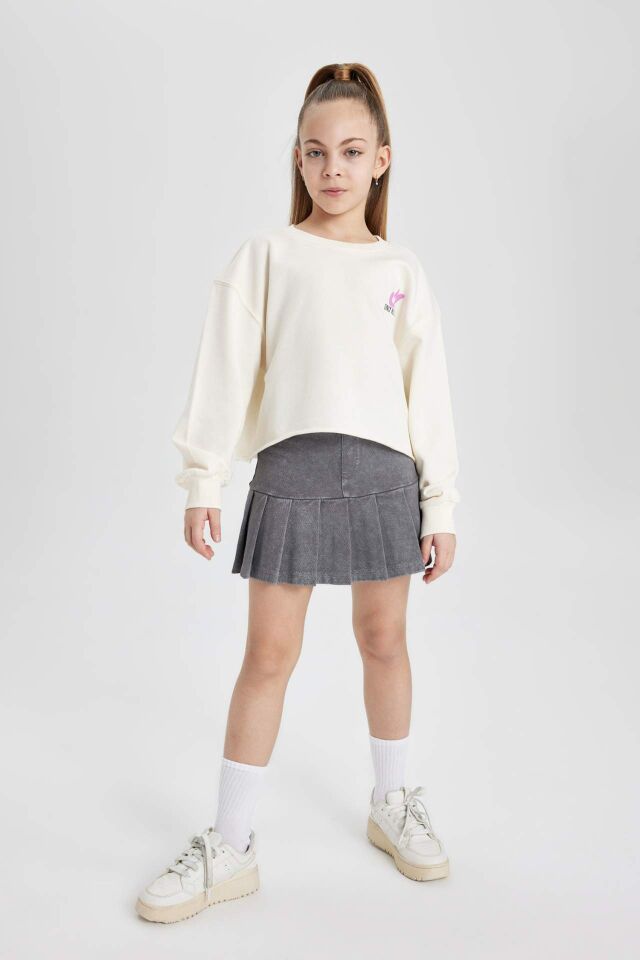 Kız Çocuk Crop Sırt Baskılı Bisiklet Yaka Sweatshirt