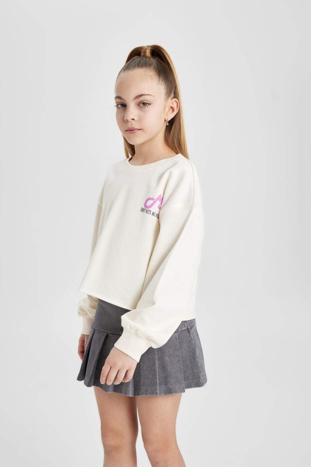 Kız Çocuk Crop Sırt Baskılı Bisiklet Yaka Sweatshirt