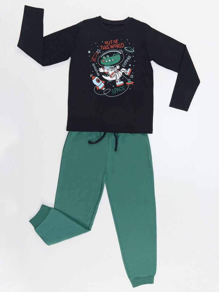 Astronot Timsah Erkek Çocuk T-shirt Pantolon Takım 6 Y - Gri, Siyah