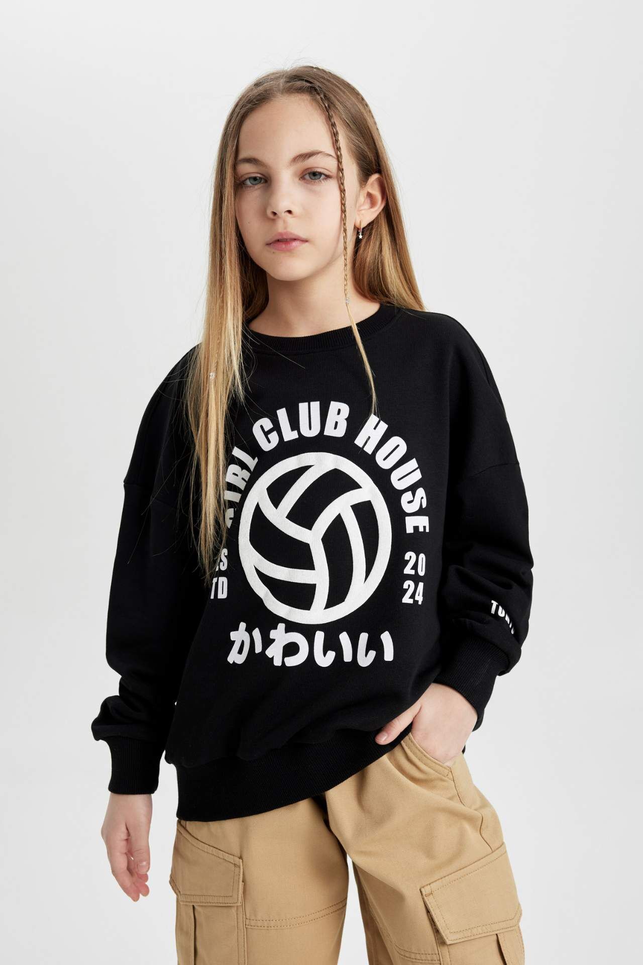 Kız Çocuk Oversize Geniş Kalıp Bisiklet Yaka Baskılı Sweatshirt