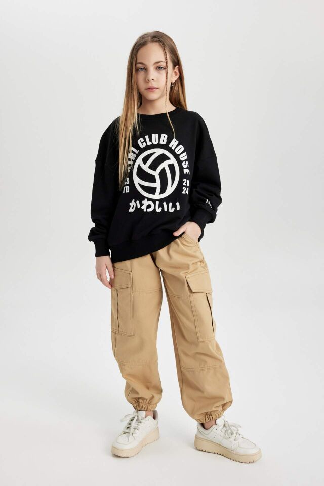 Kız Çocuk Oversize Geniş Kalıp Bisiklet Yaka Baskılı Sweatshirt