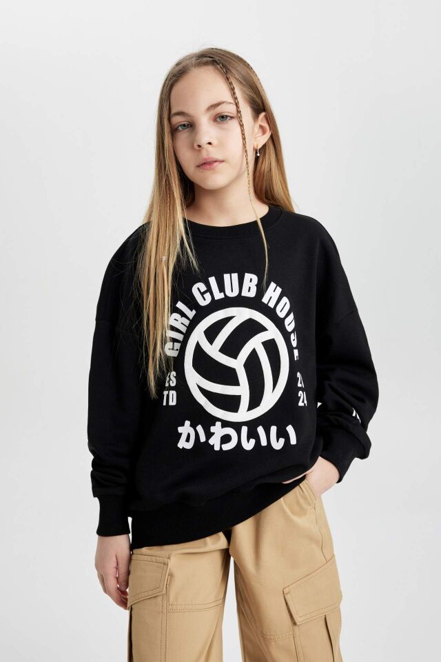 Kız Çocuk Oversize Geniş Kalıp Bisiklet Yaka Baskılı Sweatshirt