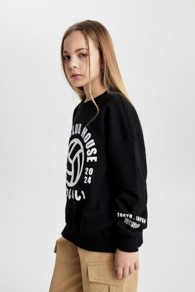 Kız Çocuk Oversize Geniş Kalıp Bisiklet Yaka Baskılı Sweatshirt