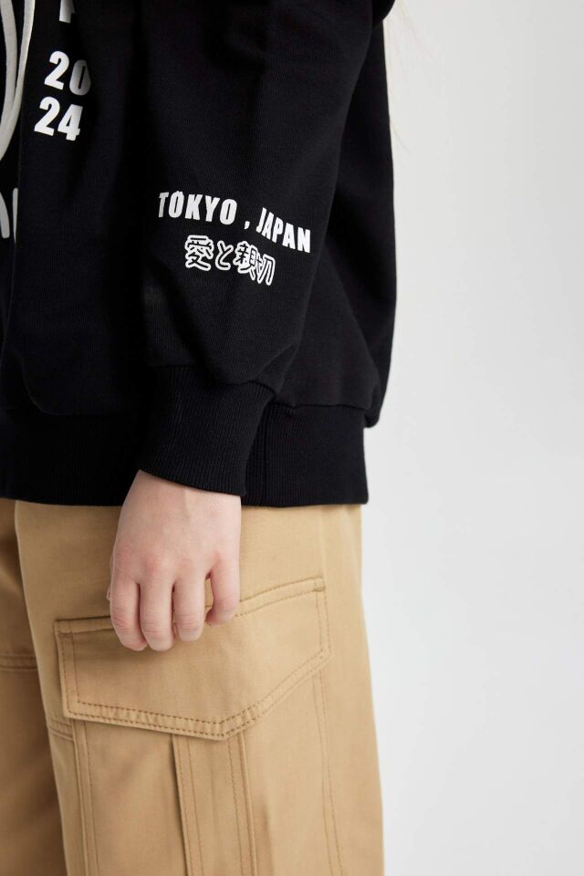 Kız Çocuk Oversize Geniş Kalıp Bisiklet Yaka Baskılı Sweatshirt