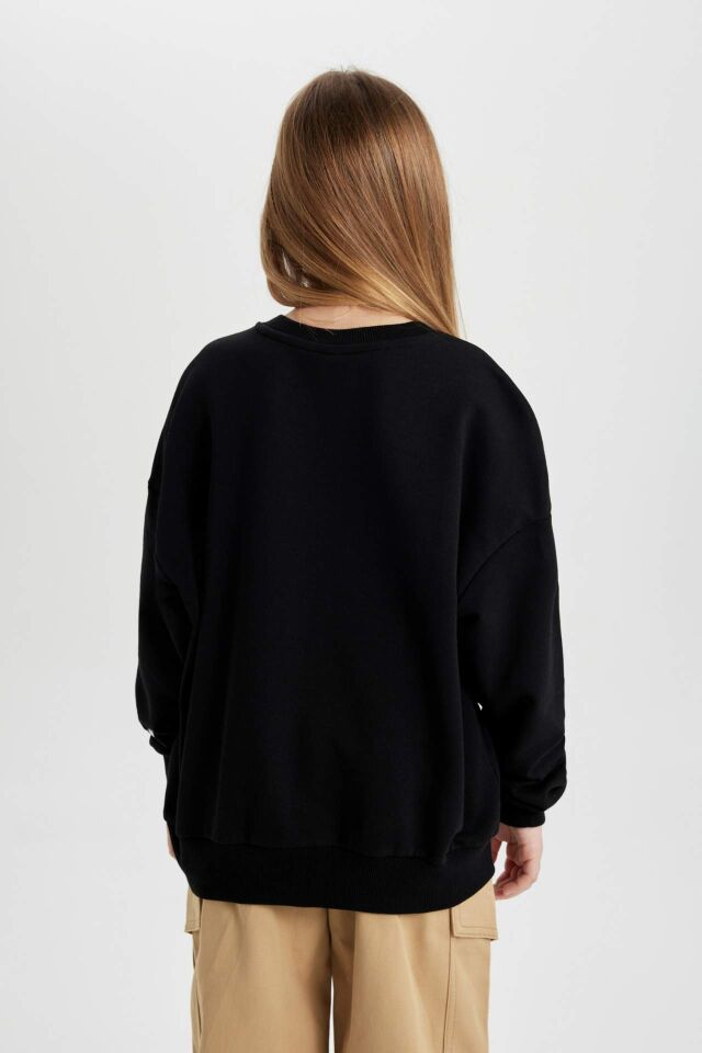 Kız Çocuk Oversize Geniş Kalıp Bisiklet Yaka Baskılı Sweatshirt
