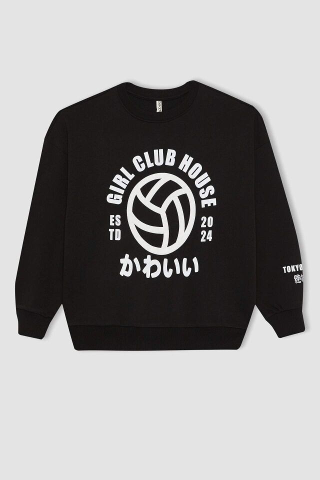 Kız Çocuk Oversize Geniş Kalıp Bisiklet Yaka Baskılı Sweatshirt