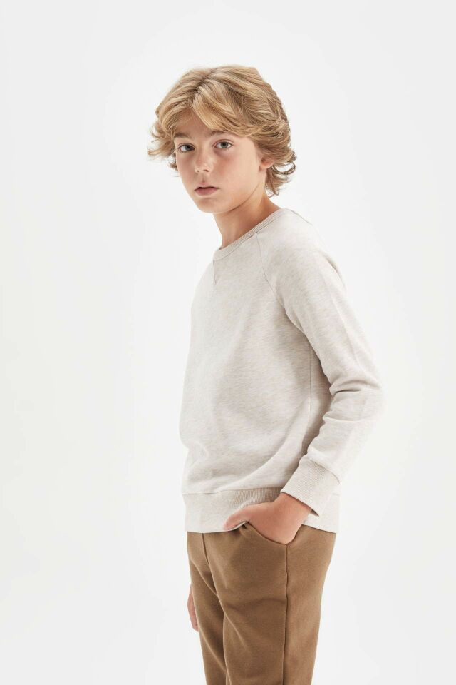 Erkek Çocuk Bej Bisiklet Yaka Basic Düz Okul Sweatshirt