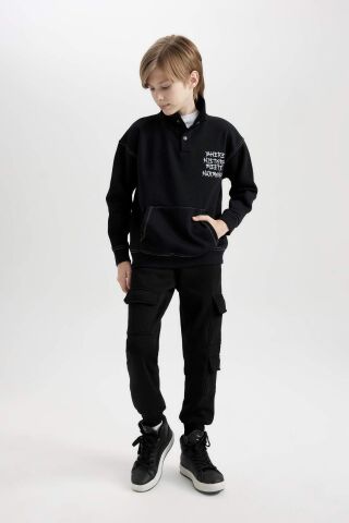 Erkek Çocuk Siyah Oversize Geniş Kalıp Balıkçı Yaka Baskılı Sweatshirt