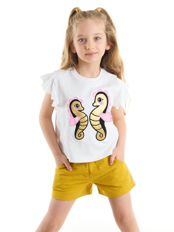 Denizatı Kız Çocuk T-Shirt Şort Takım 8 Y - Hardal, Beyaz