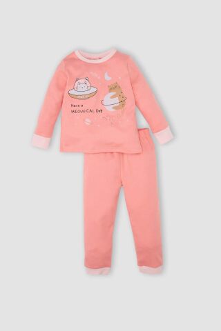 Kız Bebek Pijama Takımı Bisiklet Yaka Baskılı Uzun Kollu Üst Beli Lastikli Alt