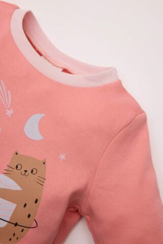 Kız Bebek Pijama Takımı Bisiklet Yaka Baskılı Uzun Kollu Üst Beli Lastikli Alt