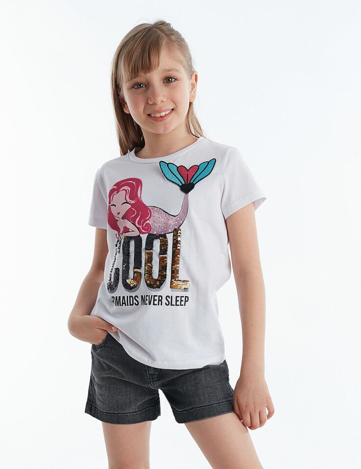 Cool Mermaid Kız Çocuk T-shirt Denim Şort Takım 4 Y - Siyah Beyaz
