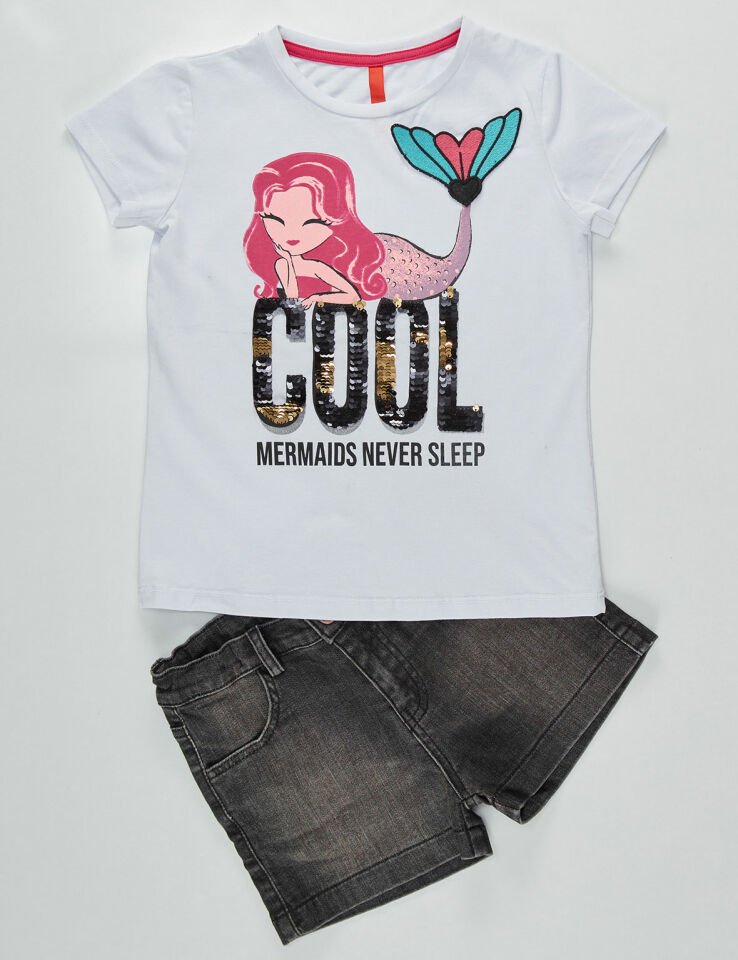 Cool Mermaid Kız Çocuk T-shirt Denim Şort Takım 4 Y - Siyah Beyaz