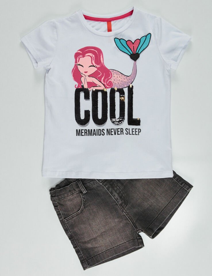 Cool Mermaid Kız Çocuk T-shirt Denim Şort Takım 4 Y - Siyah Beyaz