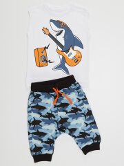Köpekbalığı Erkek Çocuk T-shirt Kapri Şort Takım 6 Y - Mavi, Beyaz